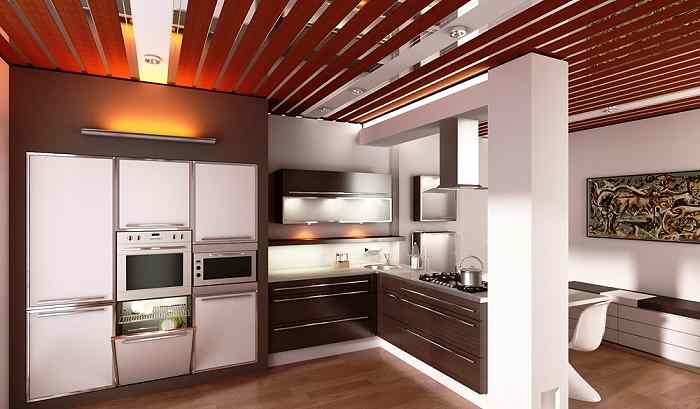 Реечный подвесной потолок на кухне